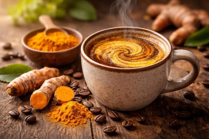 A steaming cup of coffee with turmeric powder on top, surrounded by turmeric roots, turmeric powder, and coffee beans on a wooden table.