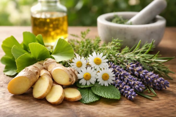Close-up of fresh herbs including ginkgo biloba leaves, ginger root, chamomile flowers, and lavender on a wooden surface with a blurred jar and mortar in the background.