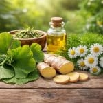 Close-up of fresh green herbs on a wooden table with a blurred herbal garden in the background.