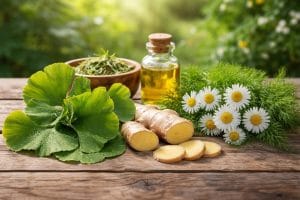 Close-up of fresh green herbs on a wooden table with a blurred herbal garden in the background.