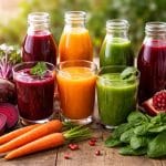 Glass bottles and glasses filled with red beet juice, carrot juice, spinach juice, and pomegranate juice arranged on a wooden table with fresh beets, carrots, spinach leaves, and pomegranate seeds around them.