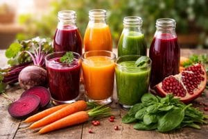 Glass bottles and glasses filled with red beet juice, carrot juice, spinach juice, and pomegranate juice arranged on a wooden table with fresh beets, carrots, spinach leaves, and pomegranate seeds around them.
