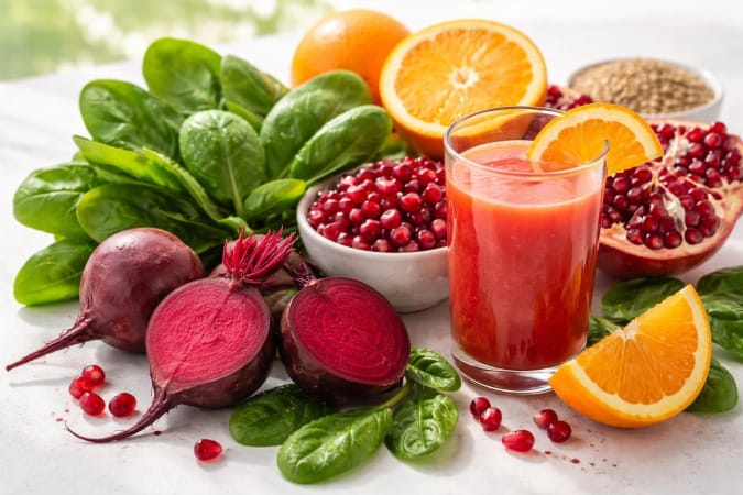 A variety of fresh fruits and vegetables including beets, spinach, oranges, and pomegranate with a glass of juice on a white surface.
