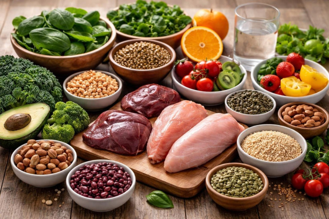 A variety of iron-rich foods including leafy greens, red meat, beans, grains, and citrus fruits arranged on a wooden table.