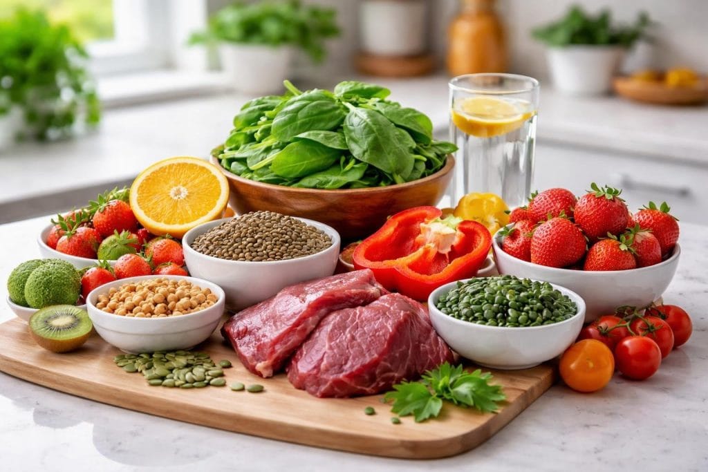 A kitchen countertop with fresh iron-rich foods like spinach, red meat, lentils, and vitamin C fruits such as oranges and strawberries arranged neatly.