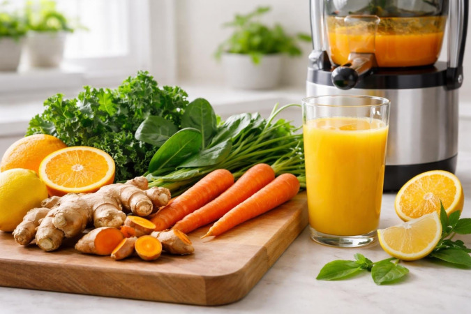 Fresh turmeric, ginger, leafy greens, carrots, and citrus fruits arranged next to a glass of freshly made juice and a juicer on a kitchen counter.