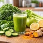 Juicing for Inflammation: Recipes to Reduce Pain A glass of green juice surrounded by fresh fruits and vegetables on a wooden table in a kitchen.