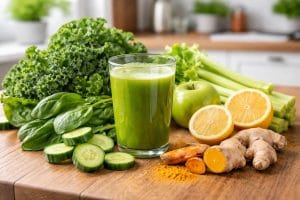 A glass of green juice surrounded by fresh fruits and vegetables on a wooden table in a kitchen.