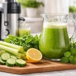 A kitchen countertop with a glass pitcher of green juice surrounded by fresh cucumbers, lemons, celery, and parsley next to a juicer.