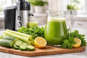 A kitchen countertop with a glass pitcher of green juice surrounded by fresh cucumbers, lemons, celery, and parsley next to a juicer.