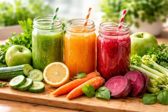A table with glass jars of colorful fresh juices surrounded by fresh fruits and vegetables like cucumbers, celery, apples, lemons, carrots, and beets.