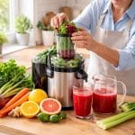 A person making fresh vegetable and fruit juice in a bright kitchen with a juicer and fresh ingredients on the counter.