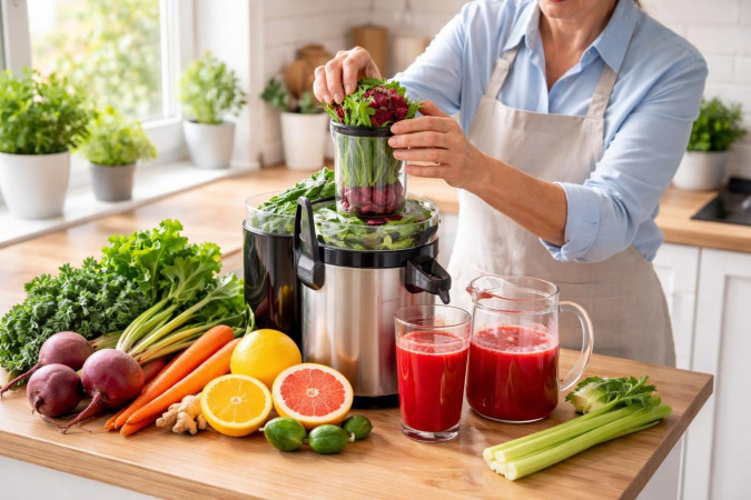 A person making fresh vegetable and fruit juice in a bright kitchen with a juicer and fresh ingredients on the counter.