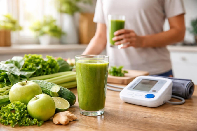 A glass of green juice on a kitchen counter surrounded by fresh vegetables and a blood pressure monitor nearby.