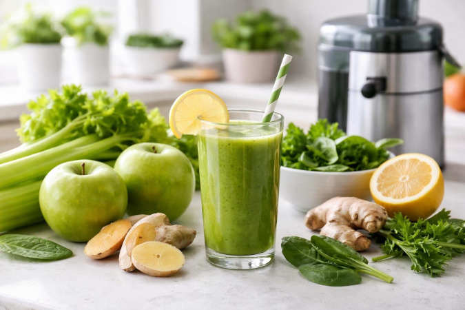 A glass of fresh juice surrounded by green apples, celery, spinach, ginger, and lemon on a kitchen counter with a juicer in the background.