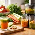 A glass of fresh juice on a kitchen counter surrounded by fresh fruits and vegetables with a juicer machine nearby.