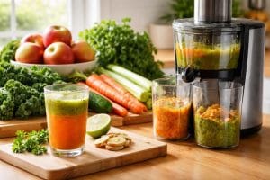 A glass of fresh juice on a kitchen counter surrounded by fresh fruits and vegetables with a juicer machine nearby.