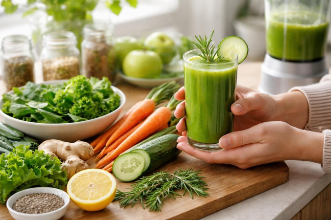 Hands holding a glass of green juice surrounded by fresh fruits, vegetables, and herbs on a kitchen countertop.