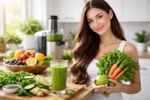 A woman with long healthy hair holding fresh greens and fruits next to a glass of green juice in a bright kitchen.