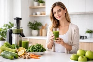 A young woman holding a glass of green juice in a kitchen with fresh fruits and vegetables on the counter.