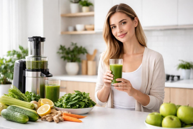 A young woman holding a glass of green juice in a kitchen with fresh fruits and vegetables on the counter.
