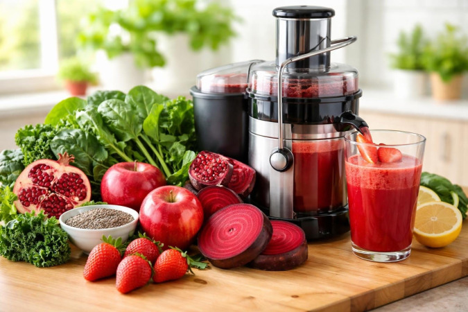A glass of fresh red juice surrounded by beets, pomegranates, strawberries, leafy greens, and lemon on a wooden kitchen counter.