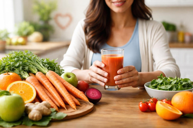 A person holding a glass of fresh juice surrounded by fresh fruits and vegetables on a wooden table.