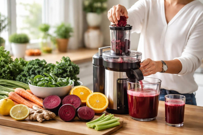 A person preparing fresh vegetable and fruit juice in a bright kitchen with various colorful ingredients on the countertop.