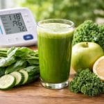 A glass of green juice on a wooden table with fresh fruits and vegetables nearby and a blood pressure monitor in the background.