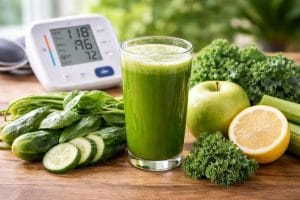 A glass of green juice on a wooden table with fresh fruits and vegetables nearby and a blood pressure monitor in the background.