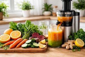 A kitchen countertop with fresh fruits and vegetables and a juicer extracting colorful juice into a glass jar.