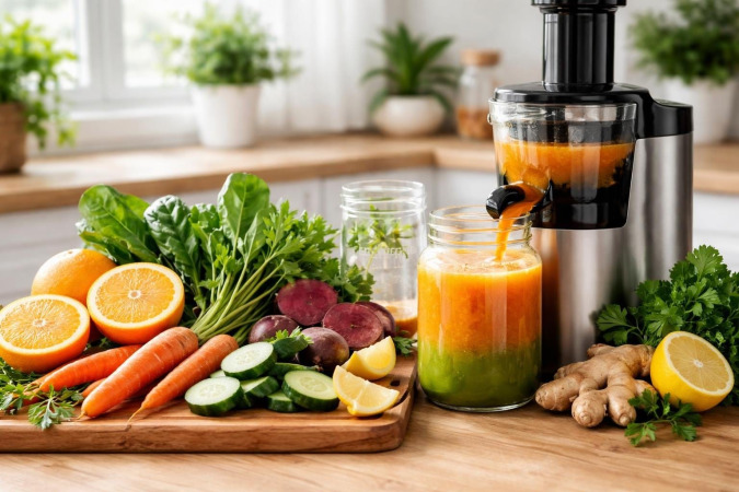 A kitchen countertop with fresh fruits and vegetables and a juicer extracting colorful juice into a glass jar.