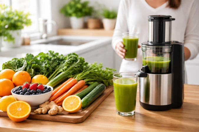 A kitchen countertop with fresh fruits and vegetables, a glass juicer, and a glass of green juice, with a person holding the glass in the background.