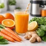 A glass of fresh orange juice surrounded by various fruits and vegetables like oranges, carrots, ginger, spinach, lemons, and kale on a kitchen countertop with a juicer in the background.