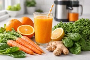 A glass of fresh orange juice surrounded by various fruits and vegetables like oranges, carrots, ginger, spinach, lemons, and kale on a kitchen countertop with a juicer in the background.