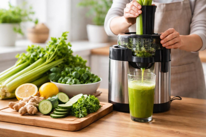 Hands using a juicer to make fresh green juice with fresh fruits and vegetables on a kitchen counter.