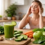 A woman gently touching her temples next to a glass of green juice and fresh fruits and vegetables on a kitchen countertop.