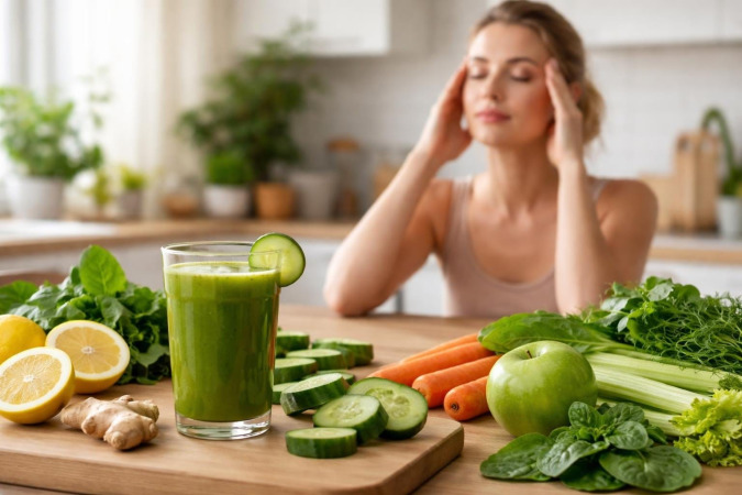 A woman gently touching her temples next to a glass of green juice and fresh fruits and vegetables on a kitchen countertop.