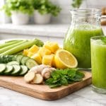 Juicing Recipes for Bloating: Natural Relief Through Fresh Ingredients Fresh ingredients like cucumber, pineapple, ginger, lemon, mint, and celery arranged on a kitchen counter with a glass and pitcher of green juice.