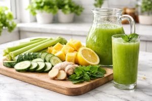 Fresh ingredients like cucumber, pineapple, ginger, lemon, mint, and celery arranged on a kitchen counter with a glass and pitcher of green juice.