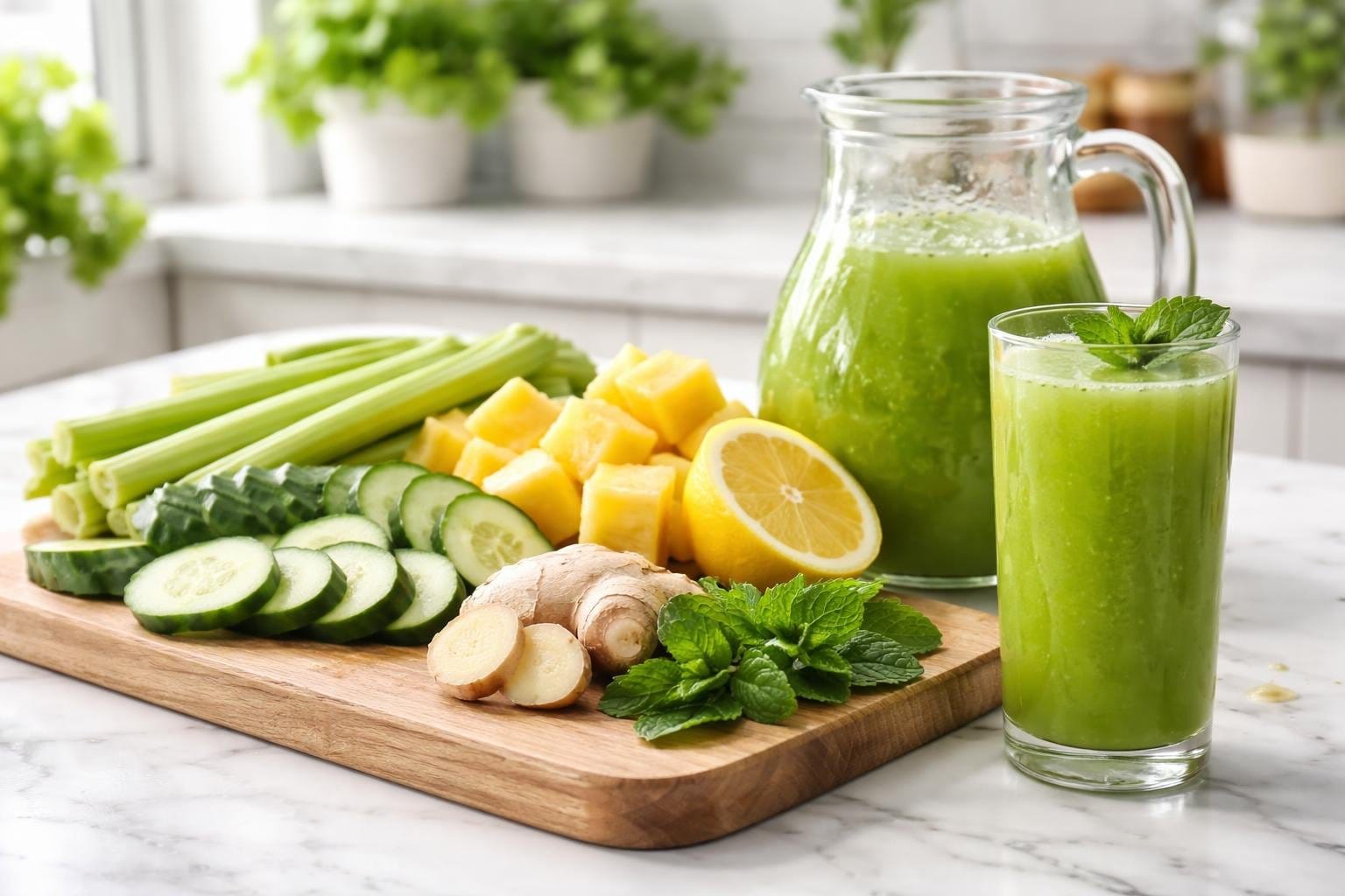Fresh ingredients like cucumber, pineapple, ginger, lemon, mint, and celery arranged on a kitchen counter with a glass and pitcher of green juice.