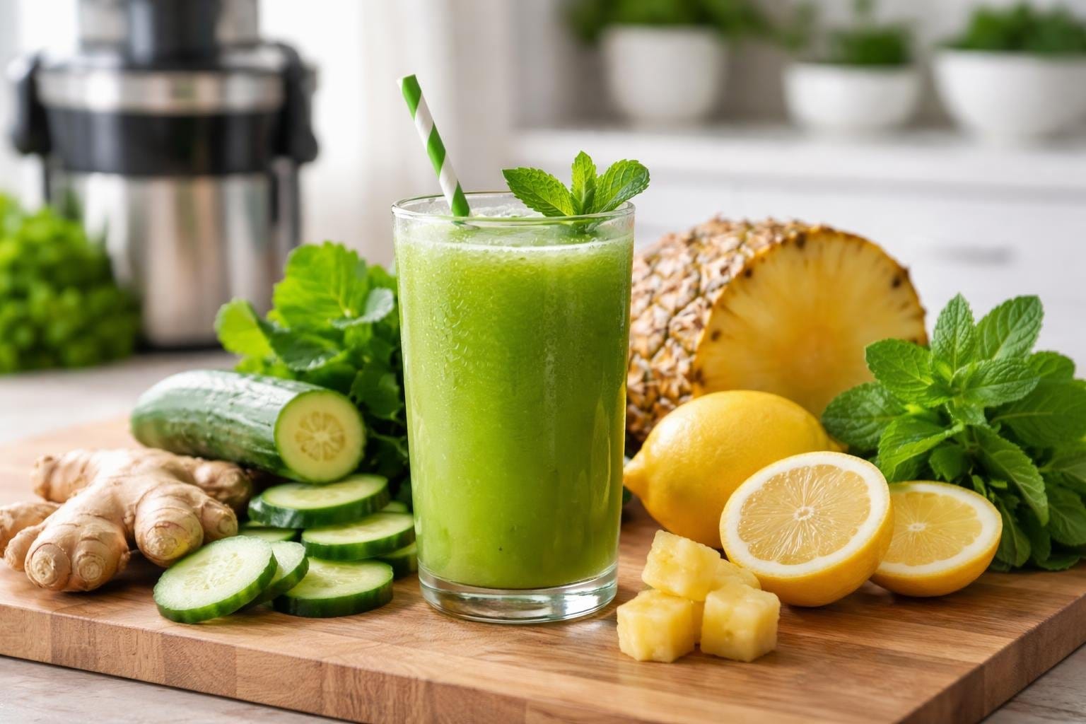 A glass of fresh green juice surrounded by fresh fruits and vegetables on a kitchen countertop.