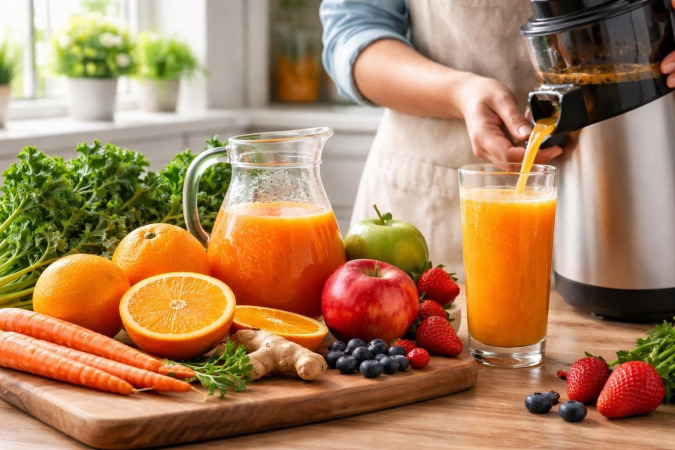 A kitchen scene with fresh fruits and vegetables, a glass of fresh juice, and hands preparing juice.