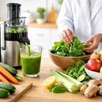 A person preparing fresh green juice with fruits and vegetables on a kitchen countertop.