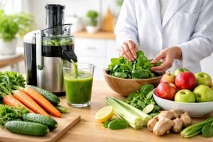 A person preparing fresh green juice with fruits and vegetables on a kitchen countertop.