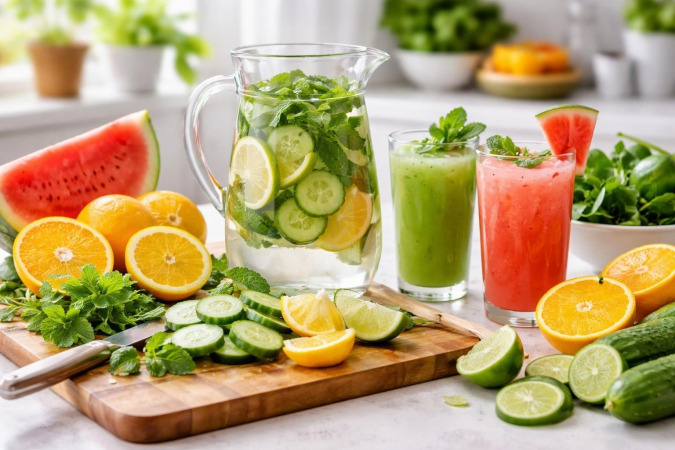 A kitchen countertop with a glass pitcher of fresh juice surrounded by sliced cucumbers, lemons, watermelon, oranges, and mint leaves.