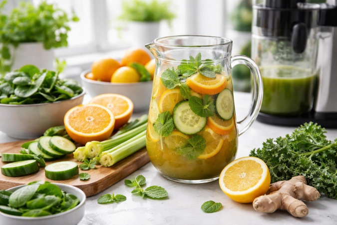 A kitchen countertop with a glass pitcher of colorful fresh juice surrounded by fresh fruits and vegetables and a juicer in the background.
