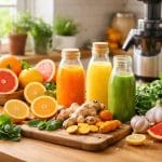 Juicing Recipes for Colds: Natural Immune-Boosting Blends to Speed Recovery A kitchen countertop with fresh citrus fruits, ginger, turmeric, leafy greens, and several glasses and bottles of freshly squeezed juices.