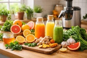 A kitchen countertop with fresh citrus fruits, ginger, turmeric, leafy greens, and several glasses and bottles of freshly squeezed juices.