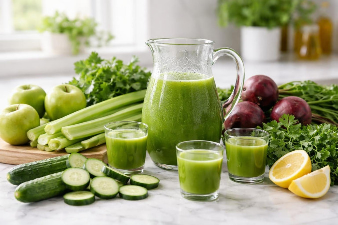 A kitchen countertop with fresh fruits and vegetables like green apples, cucumbers, celery, lemons, parsley, and beets arranged around a glass pitcher and small cups filled with green juice.